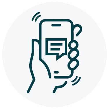 A navy blue hand holding a phone icon on a circular light grey background.