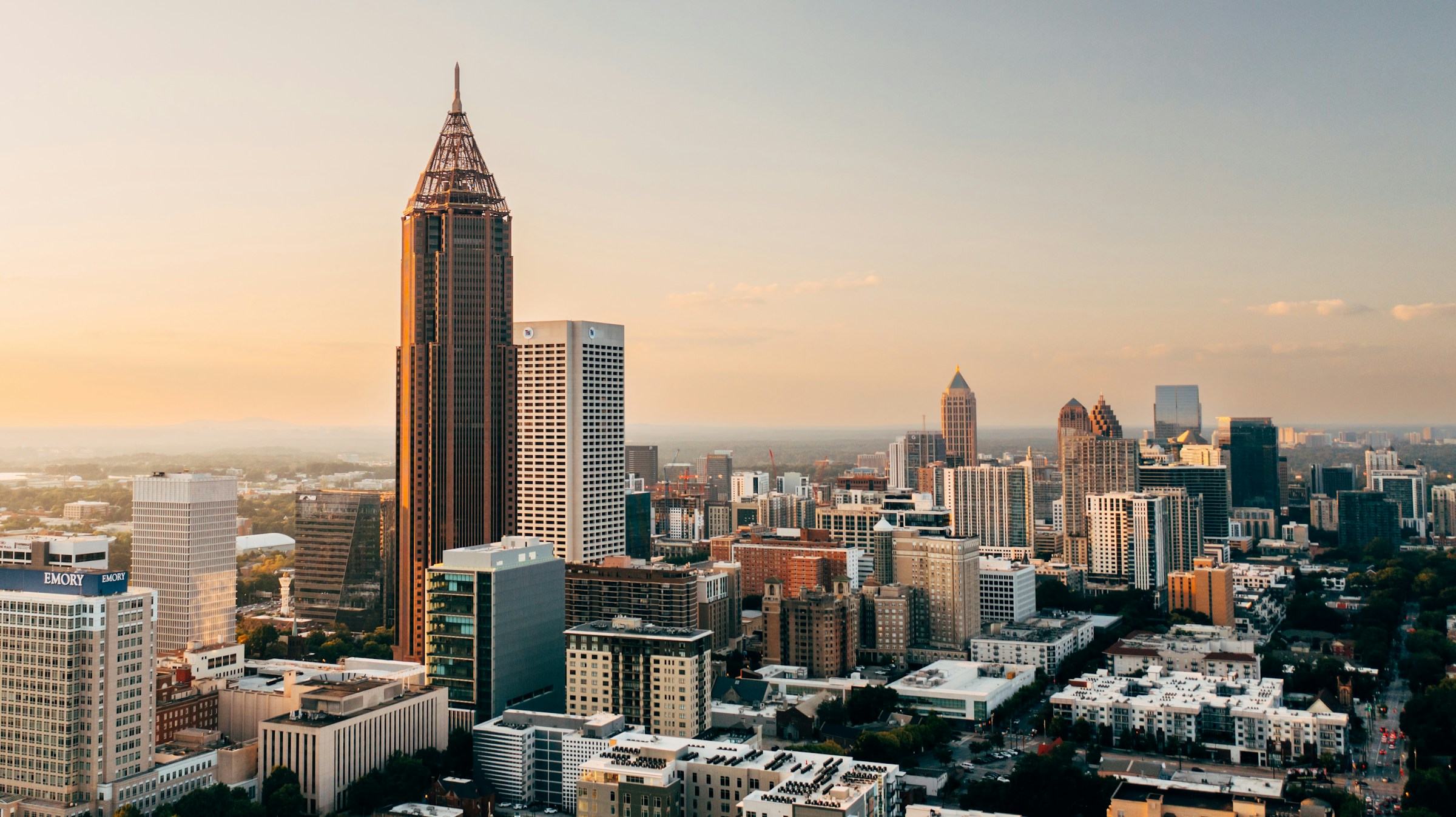 A view of the Bank of America Plaza Tower rising over the Atlanta skyline.