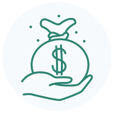 A jade green icon of a hand holding a bag of money on a circular light grey background.